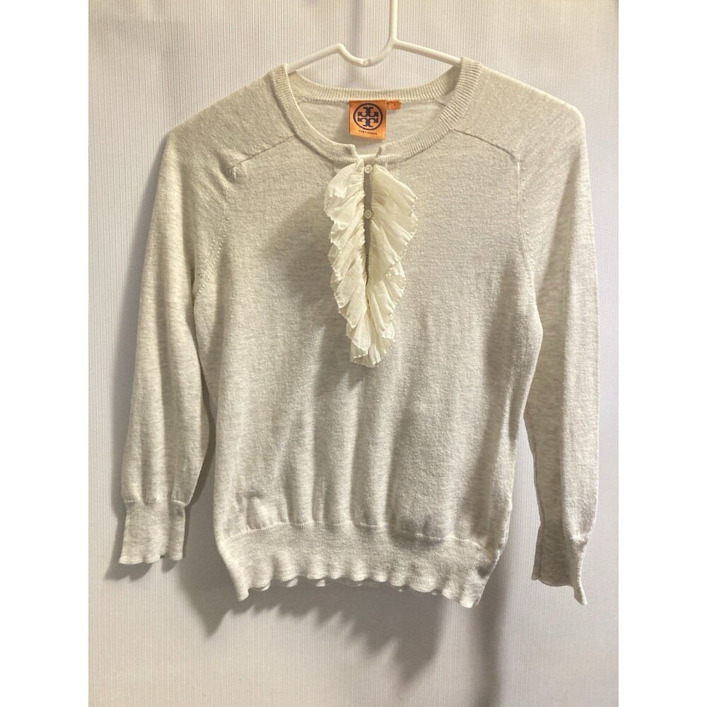 Tory Burch Sweater Sz S Ruffle Beige Lightweight Classic Victorian Spring